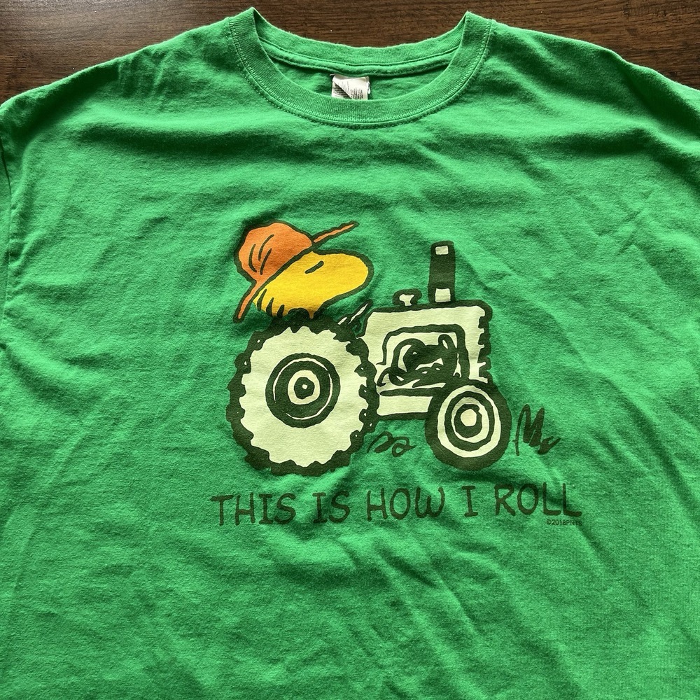 Woodstock On A Tractor This Is How I Roll Bright Green Peanuts T-Shirt Size XL